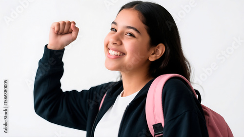 Chica adolescente latina estudiante con brazo alzado posando victoriosa sobre fondo blanco
