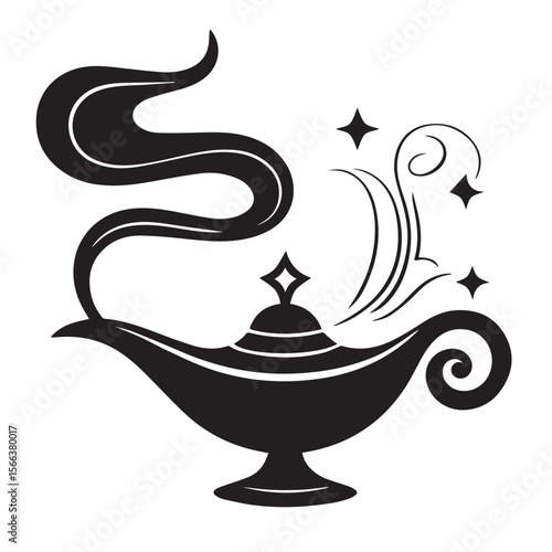 Stylized black silhouette of a magic lamp with swirling smoke and sparkling stars emanating from the spout and lid