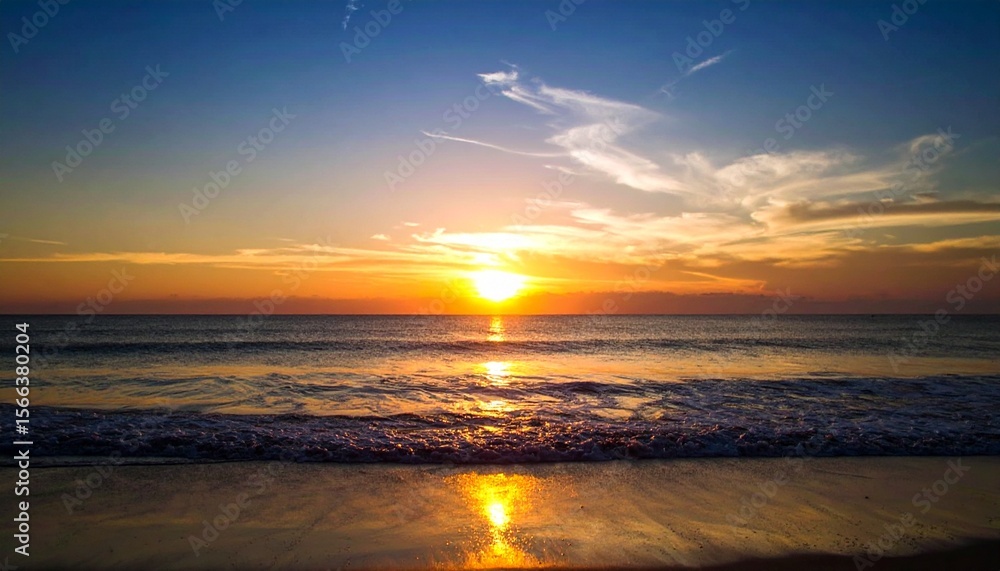 Fototapeta premium A majestic golden sunset over the ocean horizon, casting a tranquil reflection on the peaceful beach waves.