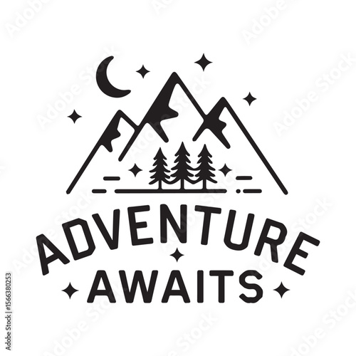 Adventure Awaits T Shirt Design. Mountain, Trees, Moon, and Stars Nature Scene for Hiking, Camping, Outdoor Lifestyle, Vintage Minimal Travel Graphic Tee