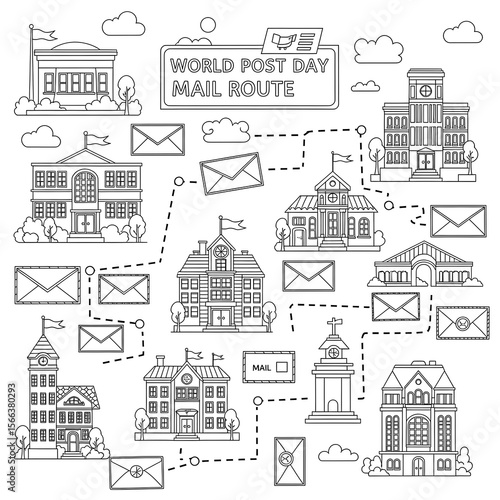 Wallpaper Mural World post day mail route connecting various buildings and envelopes isolated on transparent background Torontodigital.ca