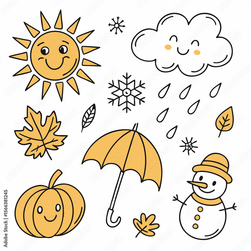 Fototapeta premium Collection of cute hand drawn weather icons and seasonal elements including sun cloud rain snowflakes leaves pumpkin umbrella and snowman