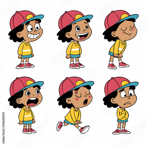 A diverse cartoon child character poses showing various emotions and actions including happiness surprise sadness and yawning