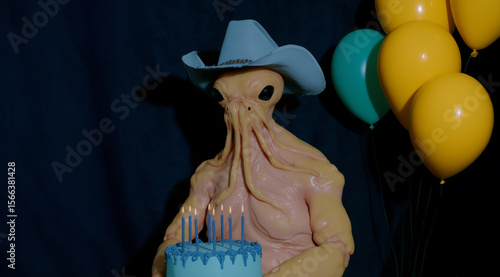 Alien creature birthday party cowboy hat balloons surreal cake horror night editorial concept retro viral pop culture alternative meme content creator 80s analog oddities