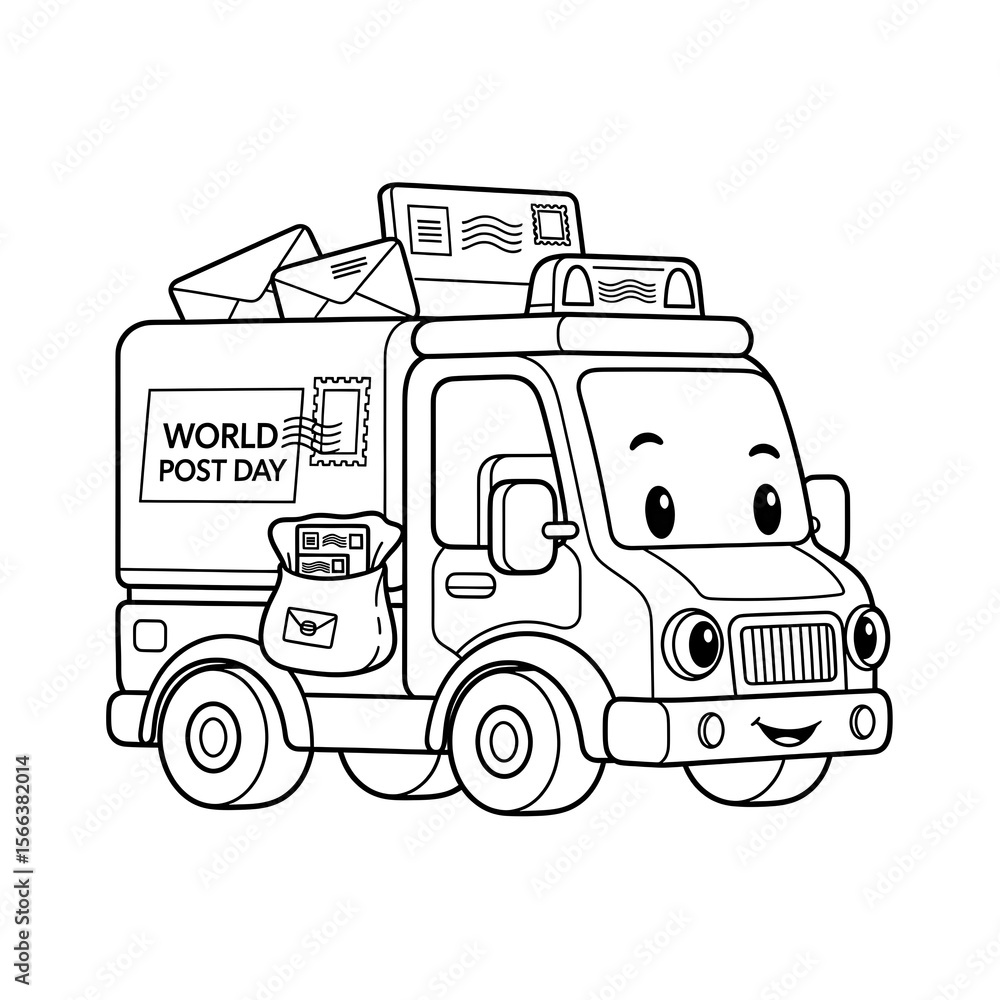 Cute cartoon mail truck with letters and stamps isolated on transparent background Cute cartoon mail truck with letters and stamps isolated on transparent background