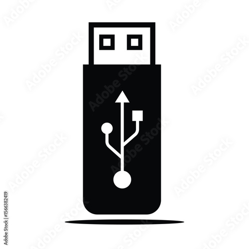 Black USB flash drive icon, simple flat vector pen drive symbol for data storage, isolated on white background