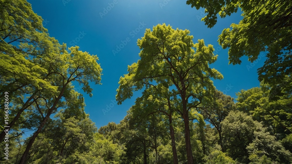 Fototapeta premium Lush foliage and towering trees in a serene park setting with vibrant summer hues and clear blue sky