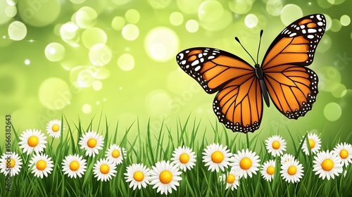 Monarch Butterfly on Daisies in Green Grass Meadow