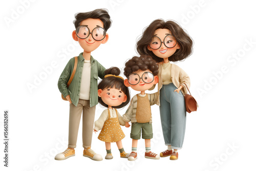 PNG Happy family portrait: smiling cartoon characters in casual outfits