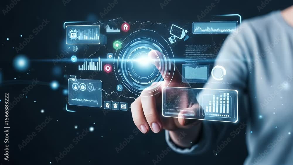 Finger touches glowing holographic interface with charts and data Finger touches glowing holographic interface with charts and data