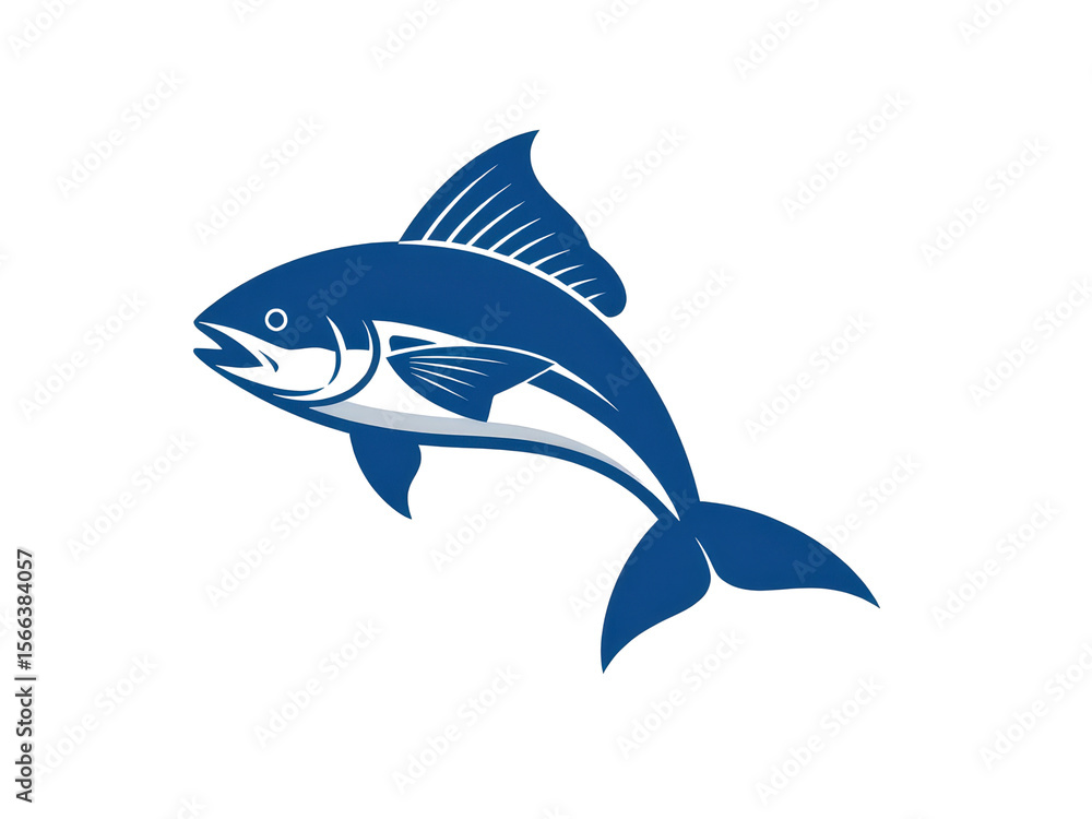 Obraz premium a simple flat 2d icon of 'flying fish', a simple fish icon with large, wing like fins, shown leaping out of the water, minimalist design, solid blue and white colors, clean sharp lines, no shadows
