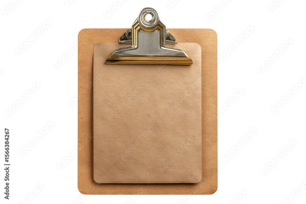 PNG Brown wooden clipboard with metal clip isolated on white background PNG Brown wooden clipboard with metal clip isolated on white background
