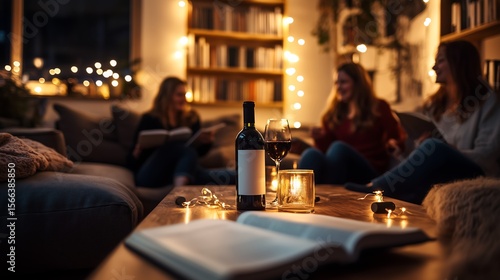 Cozy Book Club Gathering with Wine and Friends