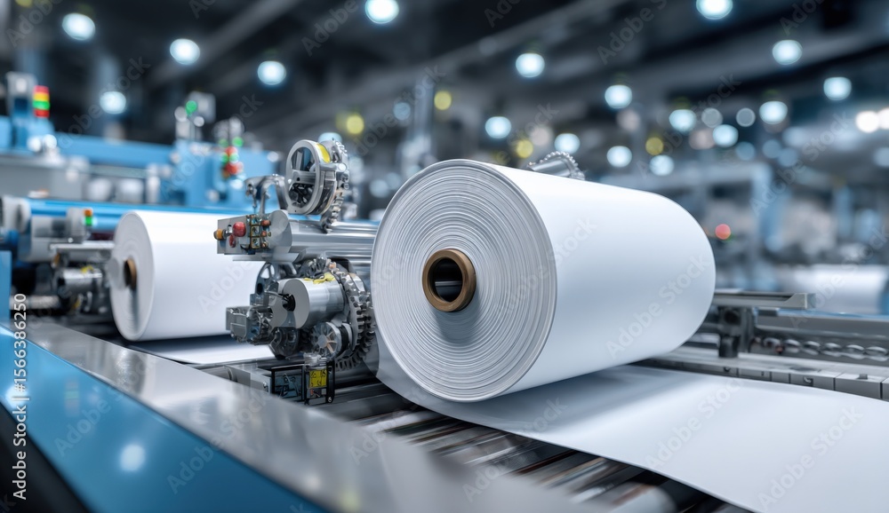 Fototapeta premium Modern industrial printing machine manufactu factory with large rolls of paper precision equipment for high volume production