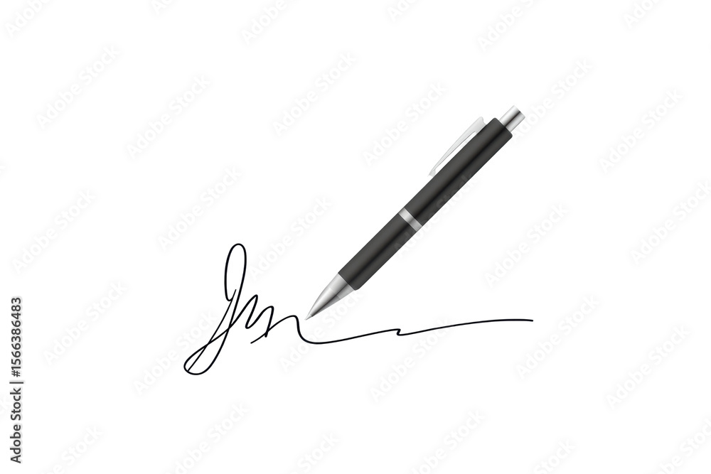 Fototapeta premium PNG Black ballpoint pen with silver accents and handwritten signature on white background