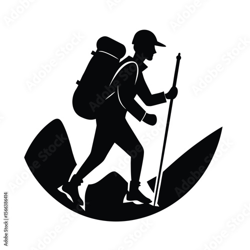 Black silhouette of a hiker with backpack and pole on white background