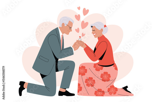 Charming Vector Illustration Elderly Couple's Romantic Proposal