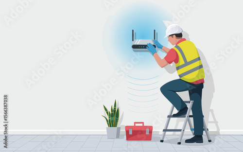 Technician Installing Wireless Router on Wall Home Network Setup