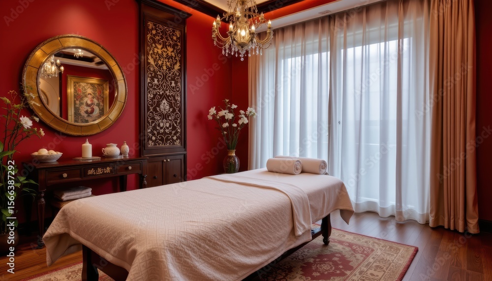 Elegant Spa Room Designed for Relaxation with Massage Table and Ambient Lighting in Warm Tones Elegant Spa Room Designed for Relaxation with Massage Table and Ambient Lighting in Warm Tones