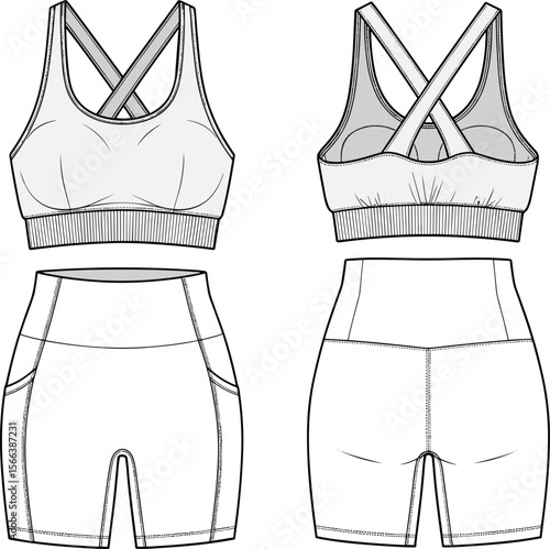 Flat technical sketch of women’s sports bra and biker shorts set, CAD drawing for activewear fashion design and apparel illustration