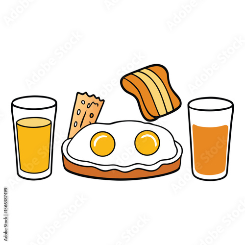 A classic breakfast plate featuring crispy bacon, fluffy scrambled eggs, golden toasted bread, and a refreshing glass of bright orange juice to start your day right.
