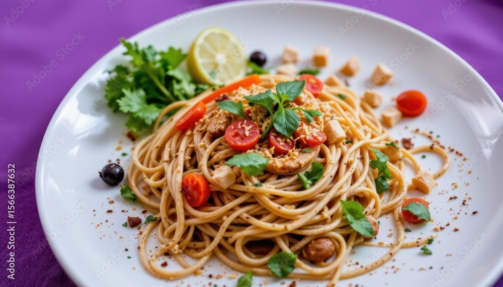 Delicious Spaghetti with Cherry Tomatoes, Fresh Herbs, and Lime on a White Plate with Purple Background Delicious Spaghetti with Cherry Tomatoes, Fresh Herbs, and Lime on a White Plate with Purple Background