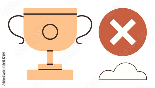 Trophy symbolizing success next to a red cross sign and cloud representation. Ideal for competition, failure, success, rejection, goal setting, risk assessment, motivation. Simple flat metaphor