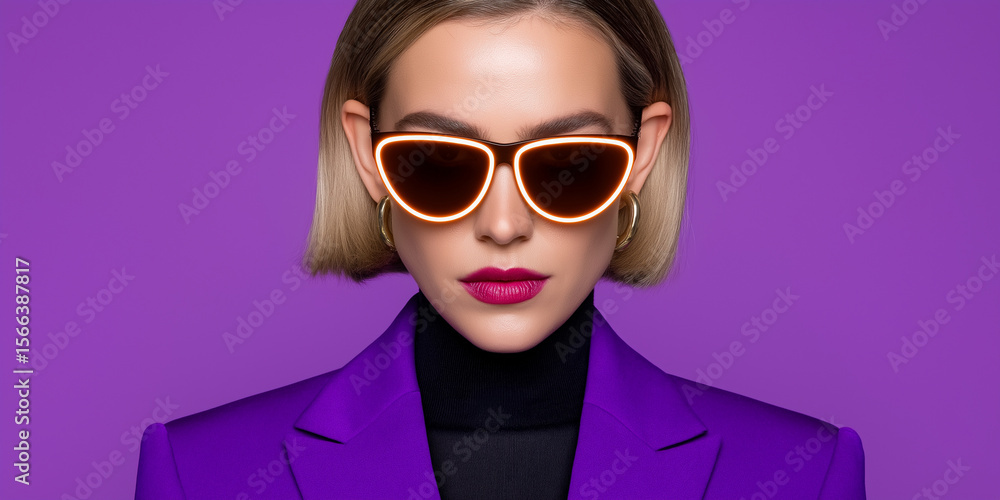 Stilvolle Frau mit Bob-Frisur und Sonnenbrille vor violettem Hintergrund Stilvolle Frau mit Bob-Frisur und Sonnenbrille vor violettem Hintergrund