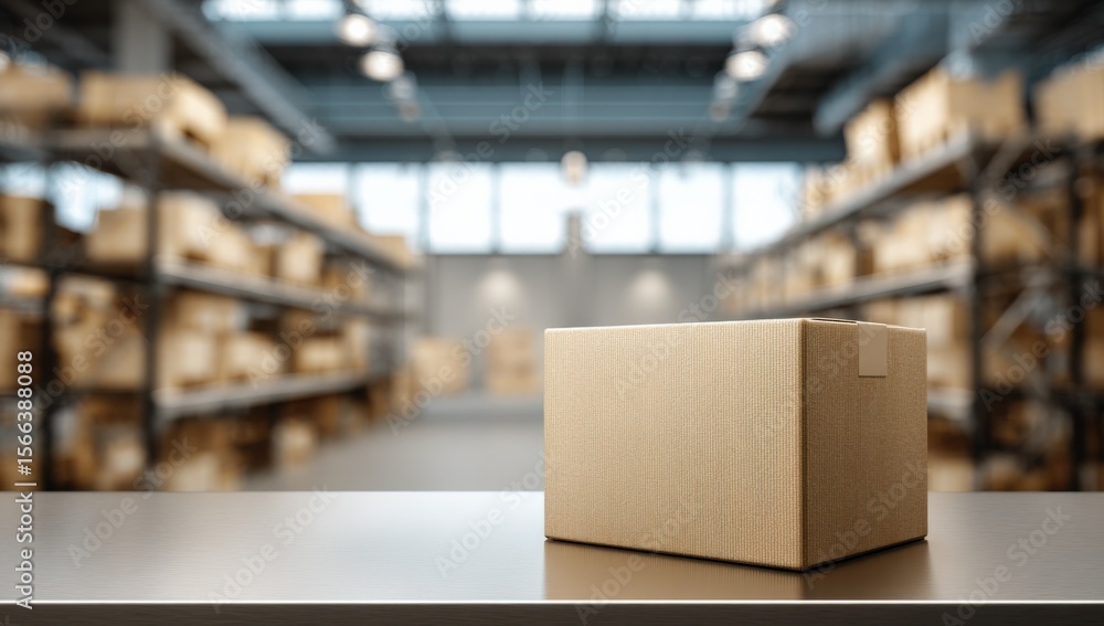 Large cardboard box placed on a table in a spacious warehouse filled with shelves stacked with boxes and goods for storage Large cardboard box placed on a table in a spacious warehouse filled with shelves stacked with boxes and goods for storage