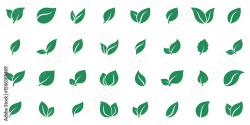 Green leaf icon set, green leaves symbolizing freshness, growth, and environmental sustainability. Ideal for natural and organic branding. Vector illustration. EPS 10