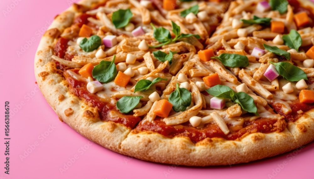 Delicious pizza with vibrant vegetable toppings on a pink background ready to be enjoyed Delicious pizza with vibrant vegetable toppings on a pink background ready to be enjoyed