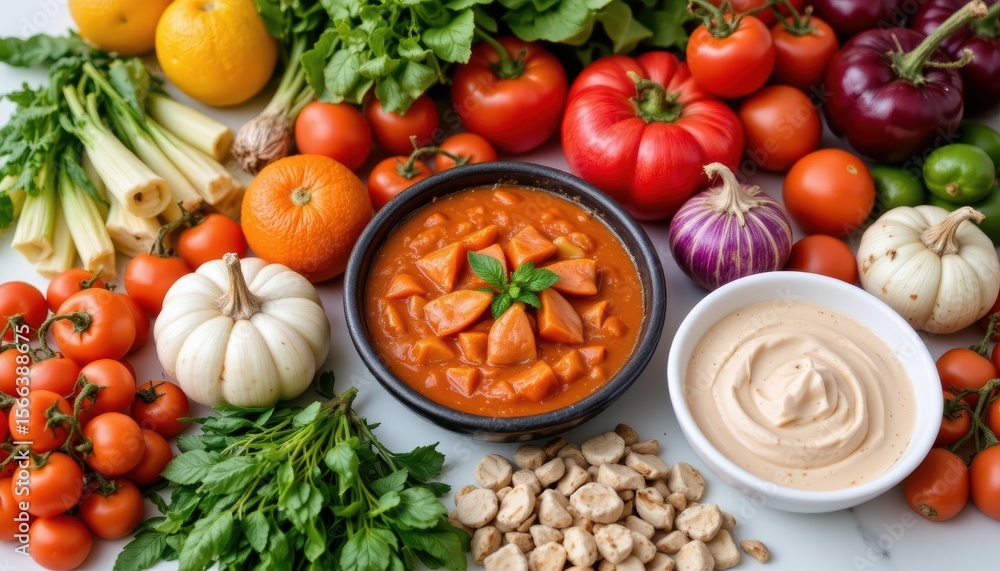 Assorted Fresh Vegetables and Fruits with Homemade Sauce on a Bright Table Top Assorted Fresh Vegetables and Fruits with Homemade Sauce on a Bright Table Top