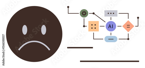 Sad brown face paired with AI flowchart showing connections and icons. Ideal for AI challenges, emotion, machine learning, technology, problem-solving, design issues, simple flat metaphor