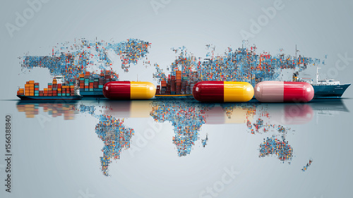 Conceptual image depicting global pharmaceutical logistics with large capsules in front of world map made of shipping containers and cargo ships, symbolizing supply chain resilience