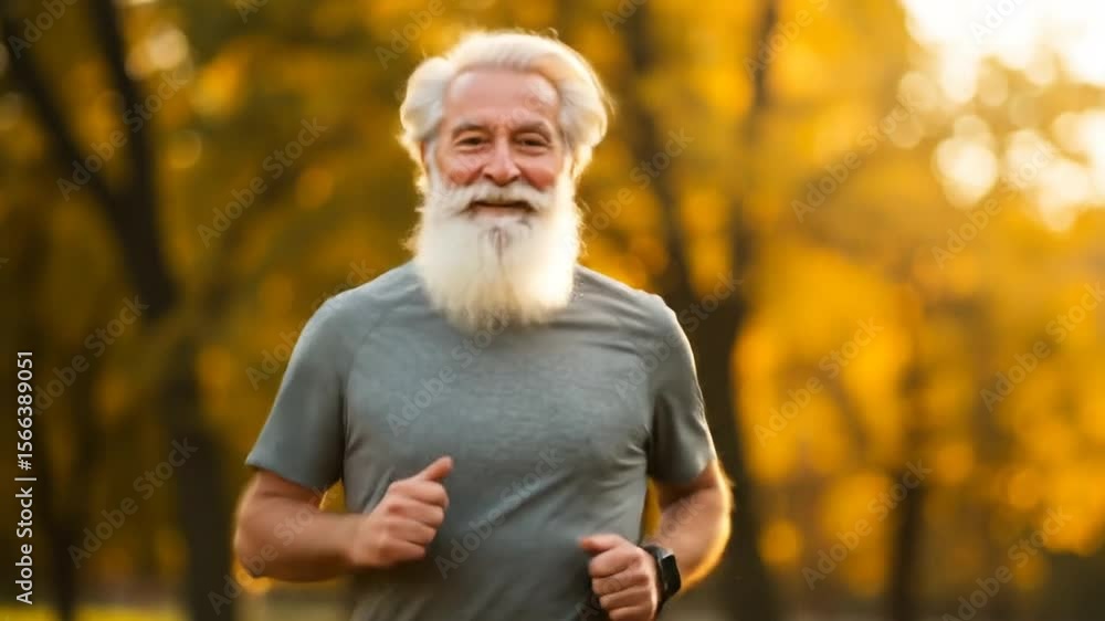 Senior man jogging in park golden autumn Senior man jogging in park golden autumn