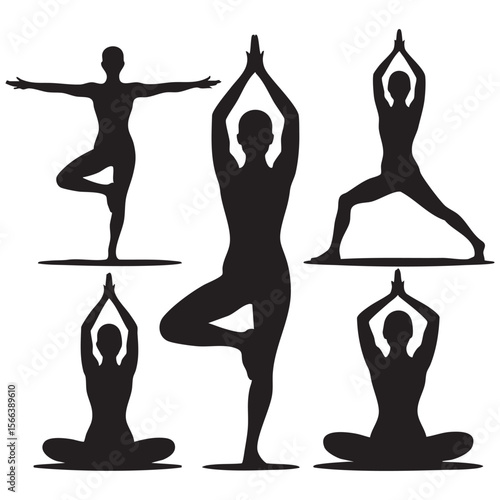 Collection of five black silhouette yoga poses on a white background