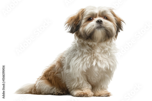 PNG Adorable shih tzu dog with fluffy white and brown coat sitting calmly