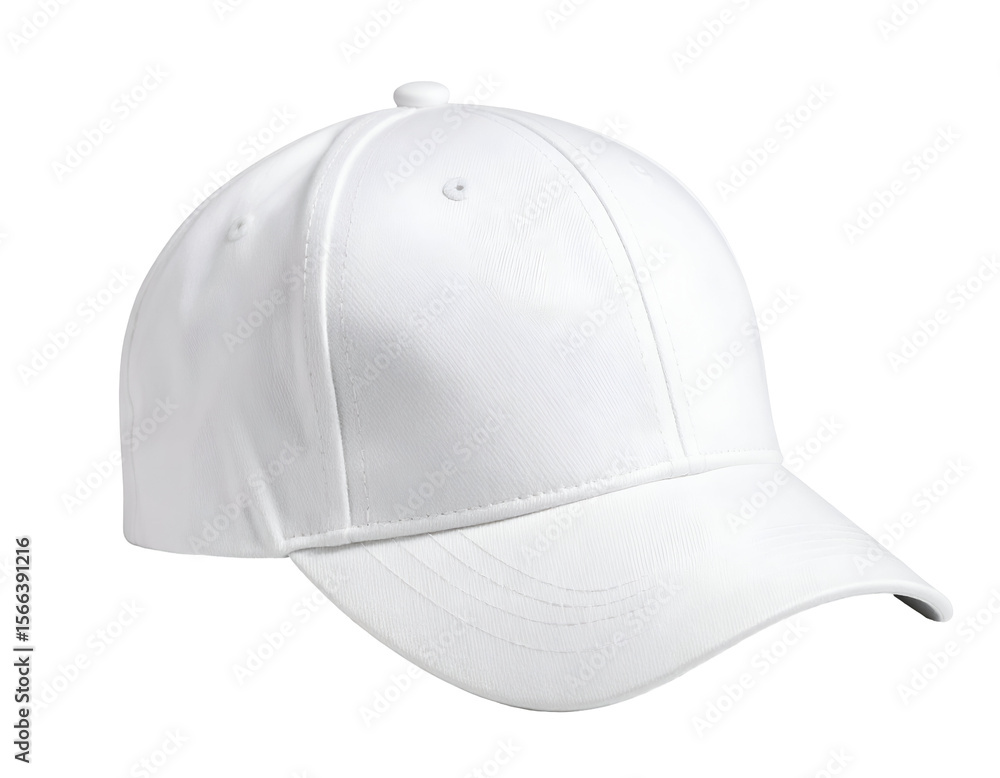 Fototapeta premium A pristine white baseball cap showcases its classic design and smooth texture, perfect for active wear.
