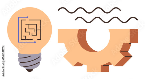 Lightbulb with circuit board design, gear fragment, and wave lines symbolize innovation, technology, development, mechanics, creativity, problem-solving and process improvement. Ideal