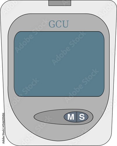 Outlined Vector Illustration of Digital Glucometer with GCU Display – Blood Glucose Meter with M and S Buttons for Diabetes Monitoring