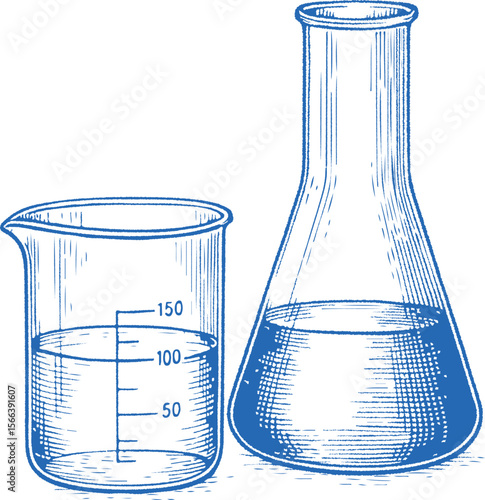A detailed hand-drawn illustration of lab glassware. Ideal for cosmetic R&D, skincare formulation, quality testing, and vintage science-themed design.