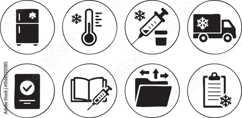 Set of icons representing cold chain logistics medical storage and temperature monitoring for vaccines