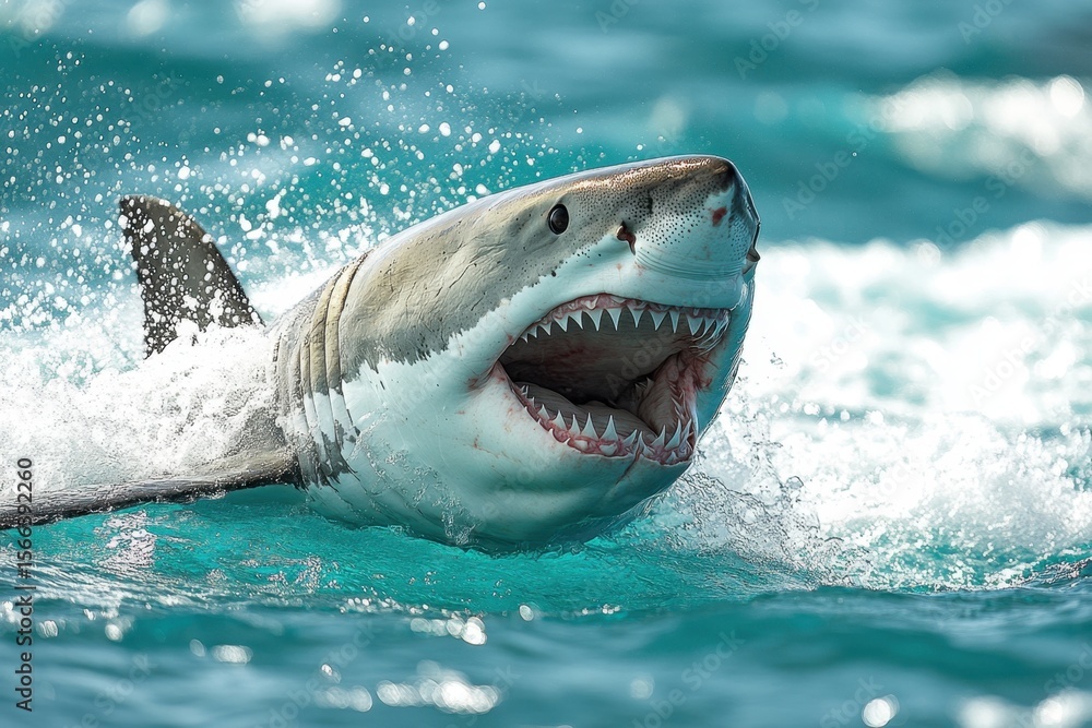 Naklejka premium Great white shark with jaws open in attack mode swimming through blue ocean water. Carcharodon carcharias, surfacing with the head out of the water and the mouth wide open off.