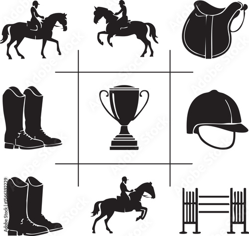 Collection of black silhouette equestrian sport icons including riders horses boots saddle helmet trophy and jump
