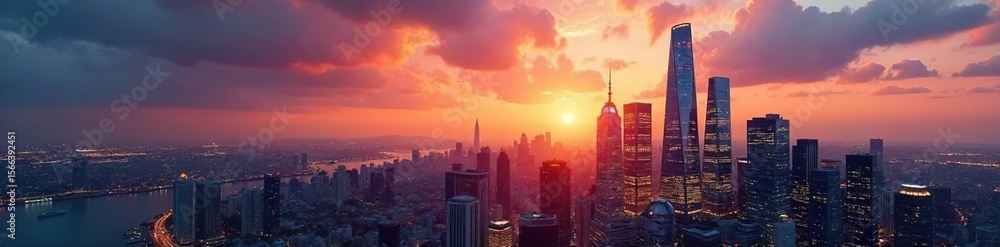 Fototapeta premium Modern Skyscraper Reflecting Sunset City Skyline, Embodying Financial District Success