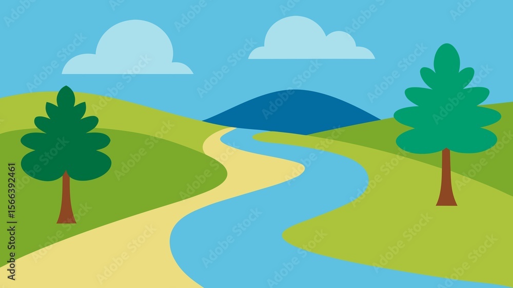 Fototapeta premium Scenic landscape with trees clouds river and rolling hills on a beautiful day