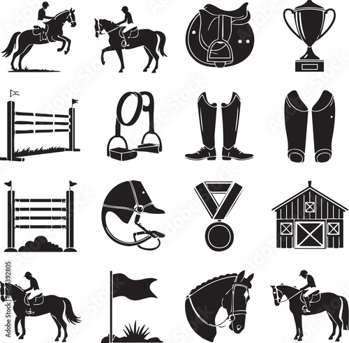 Collection of black and white equestrian sport icons including horses riders jumps and equipment