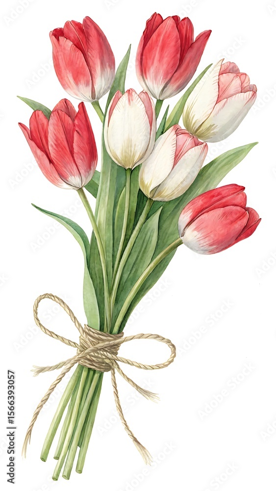 Fototapeta premium Watercolor Red and White Tulips Bouquet Tied with Twine Clipart White Background