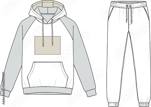 CAD drawing flat vector illustration of color block hoodie with kangaroo pocket and jogger pants, fashion technical sketch template
