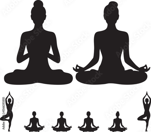 Collection of black silhouettes of women practicing yoga in various poses on white background